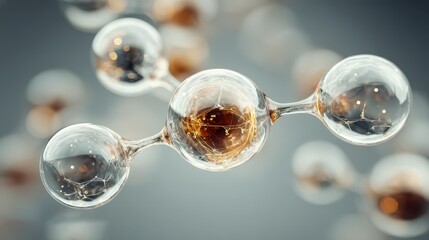 Abstract microscopic view of molecular structure or neural network with interconnected transparent spheres and glowing elements.