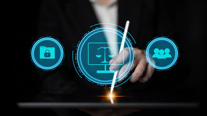 Data privacy protection and cyber law regulation. A concept of digital justice, user rights, and security policy for information protection online. Motif