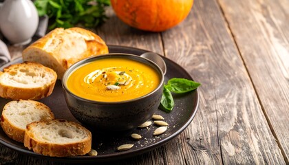 A close-up shot of a bowl of creamy, orange soup garnished with seeds. Slices of toasted bread are alongside the plate. A pumpkin is in the background