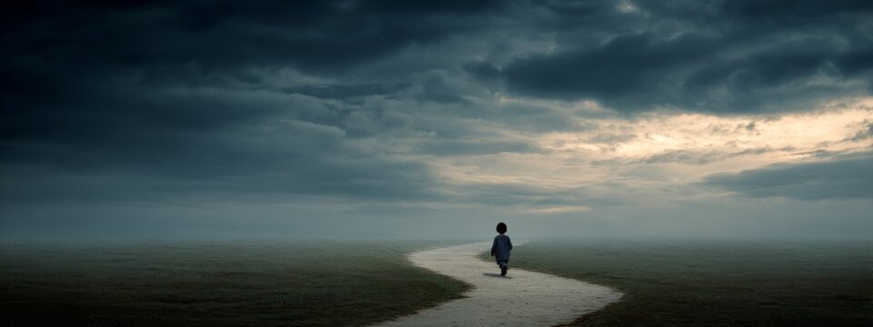 A solitary figure walking slowly on an empty path symbolizes deep sadness and contemplation under moody stormy skies.