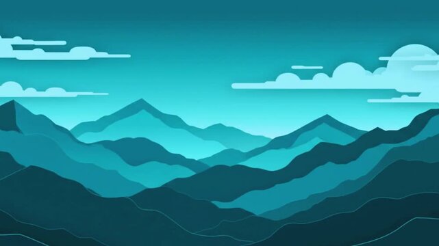 A serene mountain range depicted in a flat, layered, monochromatic teal art style with stylized clouds.