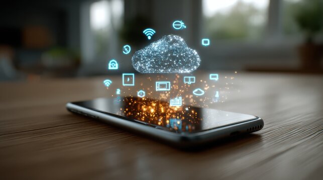 Digital cloud data processing and secure mobile connectivity, illustrating network communication and online storage.