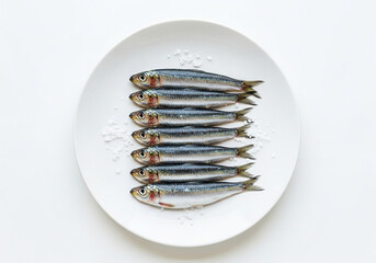 Fresh Raw Sardines Ready for Cooking, Served on a White Plate with Salt, Top View.