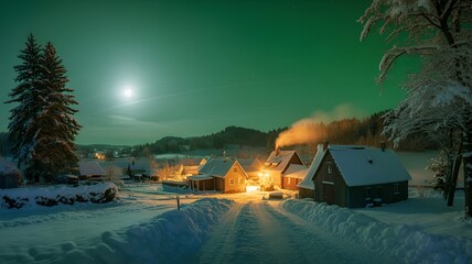 A serene village blanketed in snow under a moonlit sky.