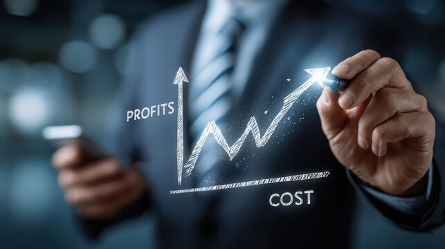 Businessman in suit drawing a glowing digital graph showing increasing profits and decreasing costs on a virtual screen