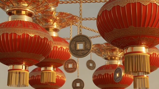 Festive red lanterns with gold decorations and coins, symbolizing prosperity.