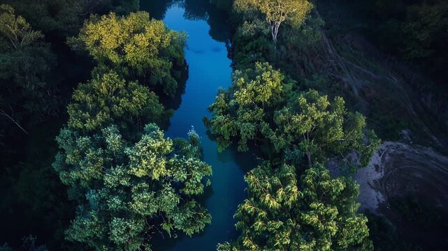 Aerial panorama of a vibrant river carving its way through a lush forest, where the interplay of light and shadow paints a scene of serenity and untamed beauty.