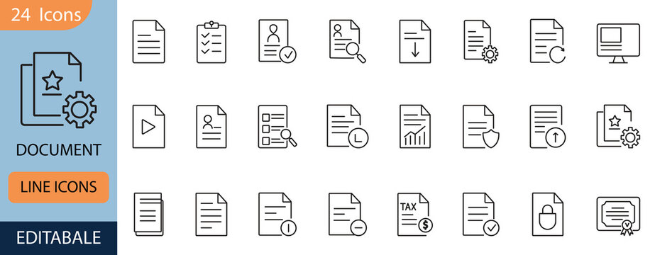 Document Line Icons Set. Contains symbols for file management, data, reports, contracts, and office workflow. Line vector design for business and corporate presentations.