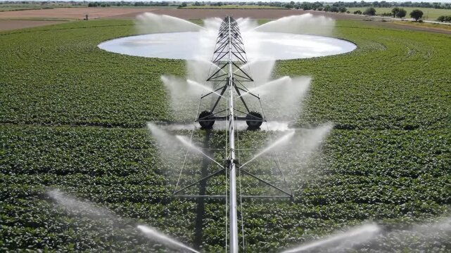 Automated irrigation system sprinkling water over green crop field, modern agriculture at scale with center pivot irrigation for efficient farming
