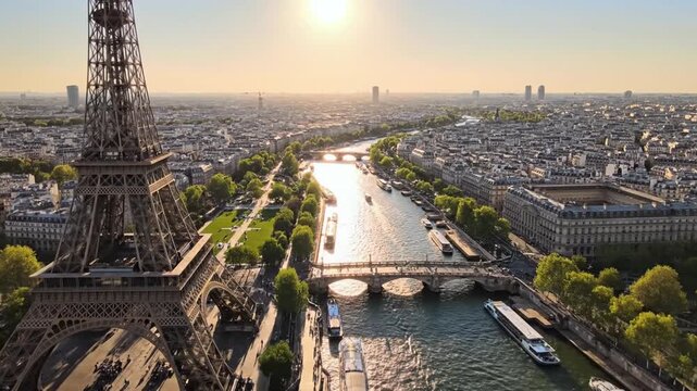 Eiffel Tower and Seine River Aerial View at Sunset.