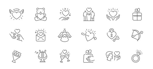 Valentine day simple line icons vector set. Love concept. Heart, romance symbols