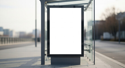 Vertical ad display with colorful geometric art at a bright outdoor bus stop.