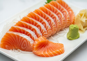 Fresh Salmon Sashimi Slices Served on a White Plate with Wasabi and Pickled Ginger.