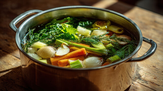 Pot filled with fresh vegetables like celery, carrots, and herbs simmers in kitchen, showcasing zero waste cooking techniques