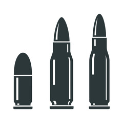 Three dark grey bullet icons on white background ammunition cartridge