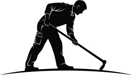 Gardener or Farmer Working with Hoe Silhouette Vector Illustration, Man Digging Soil on Ground Graphic, Manual Labor Agriculture Theme, Black and White Tillage Design © MstBeauti
