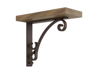 Wooden shelf with decorative wrought iron style support or bracket