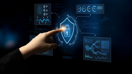 A futuristic cybersecurity dashboard for a Security Operations Center (SOC). The system monitors the network, analyzes data for threats, and provides comprehensive protection. Fermion