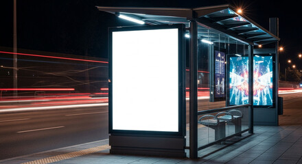 Illuminated vertical ad in bus stop against blurred skyline at dramatic sunset.