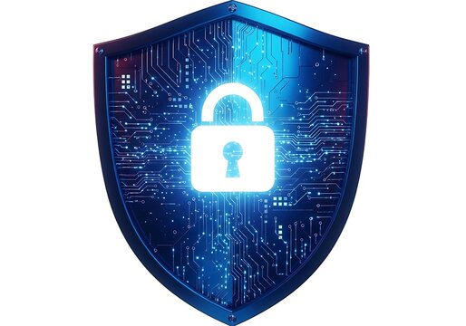 Digital shield with glowing lock symbol represents cybersecurity and data protection