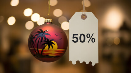 Christmas ornament with tropical sunset design and 50% off tag, festive holiday sale advertisement with bokeh background.