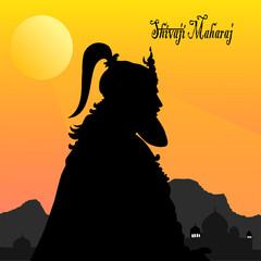 A striking silhouette of a warrior standing proudly on a clifftop, with the sun rising. A powerful artistic tribute, symbolizing Shivaji Maharaj's courage, determination, and legacy.