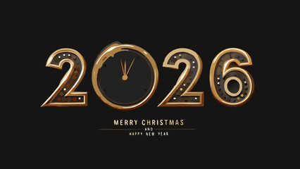 Fototapeta premium Golden 2026 new year clock with christmas greetings on black background