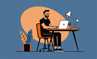 Bearded man working on laptop at desk in home office with plant and lamp, showcasing modern remote work lifestyle.