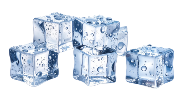 Ice cubes isolated on white background, frozen water illustration, refreshing beverage ingredient, cold drink concept, summer and cocktail visual, clear ice PNG.