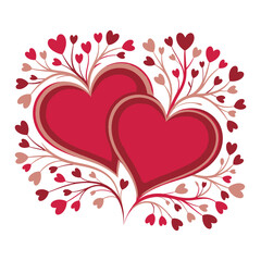 Two intertwined deep red hearts surrounded by small heartshaped leaves and branches, isolated on white background