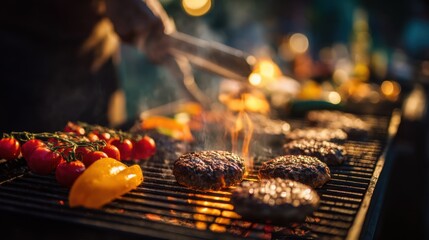 A gathering of friends is taking place as burgers and colorful vegetables sizzle on a grill. The warm summer evening provides a perfect backdrop for this festive outdoor barbecue.