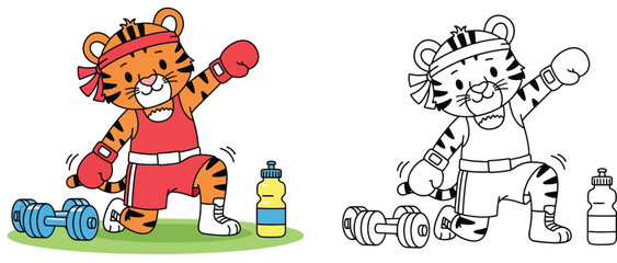 Cute cartoon tiger boxer doing exercises with dumbbells and water bottle, coloring book page for kids, split colorful and outline vector illustration for children education