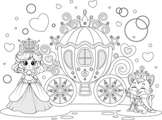 Princess and royal carriage coloring page with cute cat character
