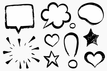 Collection of hand drawn speech bubbles stars hearts and other graphic elements