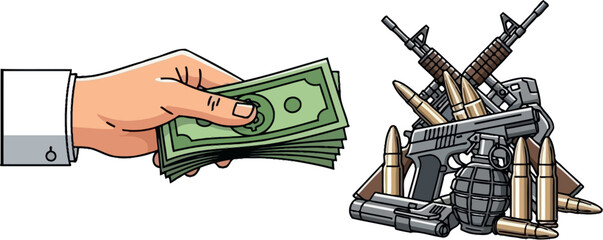 Illustration of a hand paying money for armament, war funding concept, isolated on white background