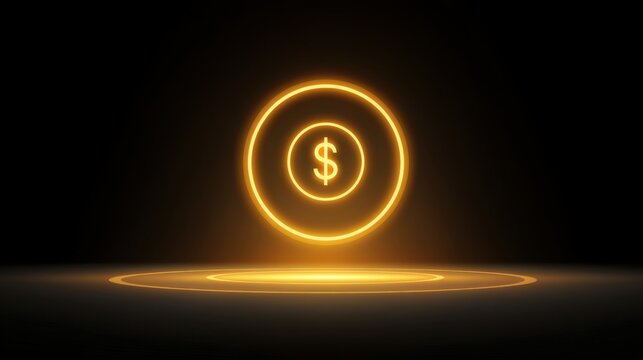 Luminous Golden Dollar Sign Inside Circular Glow on Black Background for Digital Currency and Finance Concepts