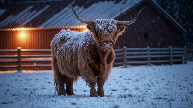 Majestic highland cow stands calm in snowy twilight barnyard scene