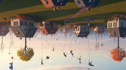 Enchanting animated world where houses grow from the ground and children float through the sky in a surreal dreamscape adventure - Powered by Adobe