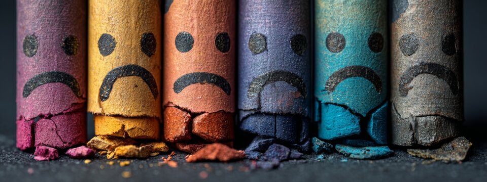 Emotion Metaphor of Broken Crayons Representing Feelings of Sadness and Fragility in Colorful Artistry