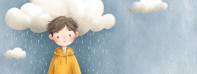 Sad Child Illustration in Pastel Colors with Rain Clouds Overhead, Evoking Feelings of Melancholy and Reflection