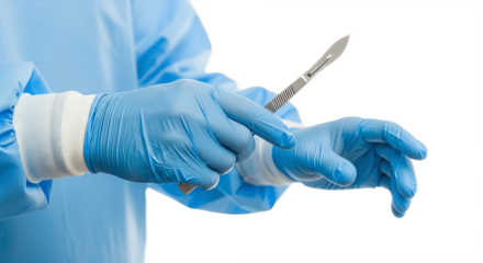 “Surgeon’s Gloved Hands Holding Surgical Scalpel on White Background – Precision Grip with Bright Blue Latex Gloves and Light Blue Surgical Gown, Metallic Scalpel Blade Highlighted, Clean Clinical Med