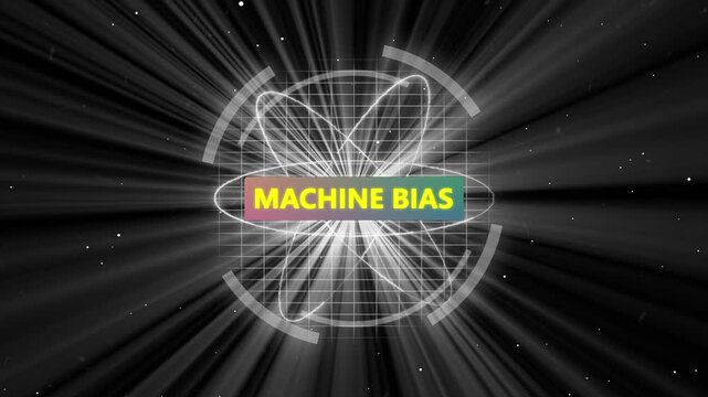Neon Atomic Sphere Highlighting Machine Bias in Technology. Glowing AI Orbital Loop &ndash; Machine Bias Concept Animation.