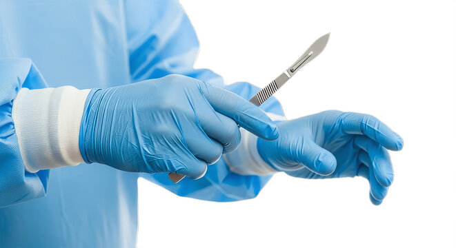 &ldquo;Surgeon&rsquo;s Gloved Hands Holding Surgical Scalpel on White Background &ndash; Precision Grip with Bright Blue Latex Gloves and Light Blue Surgical Gown, Metallic Scalpel Blade Highlighted, Clean Clinical Med