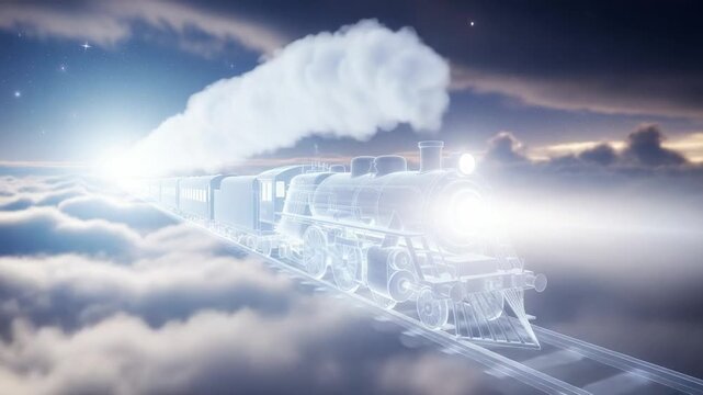 Dreamlike journey on a ghost train through clouds and stars, fantasy travel, enchanting surreal adventure, magical journey concept