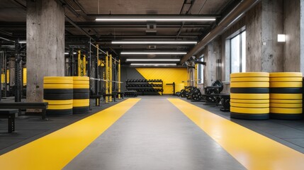 Modern gym interior featuring bright yellow color scheme and well-organized fitness equipment, perfect for workout enthusiasts seeking inspiration