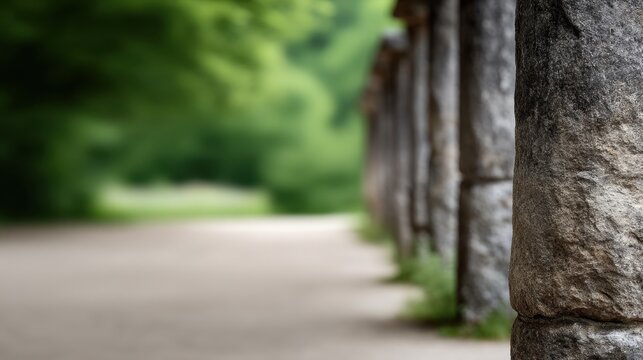Serene pathway lined with ancient stone columns under a lush green canopy, evoking tranquility and a sense of timelessness in nature