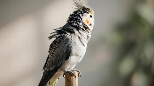 A beautiful cockatiel parrot with ruffled feathers perched on a wooden stick, looking to the side in soft natural light.