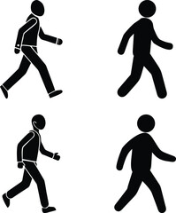 Four Walking People Silhouette Icons &mdash; Pedestrian Symbol Set with Stick Figures and Business Attire Figures for Movement, Directions, Wayfinding, Office Navigation, and Public Signage