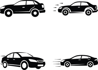 Four Car Silhouette Icons Vector &mdash; Black Sedan and Passenger Vehicle Symbols, Including Speed Motion Cars for Transportation, Delivery, Racing, Automotive Design, and Mobility Graphics