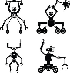 Robotics Icon Silhouettes of Drones and Robots for AI and Automation